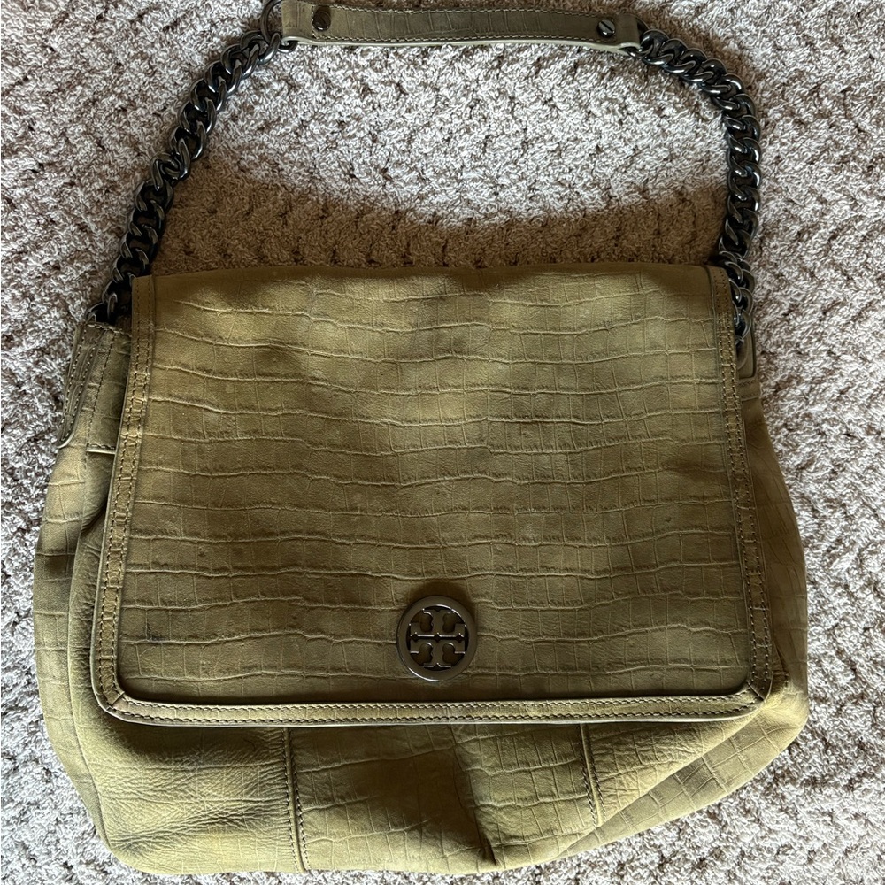 Tory Burch Khaki Croc-Embossed Shoulder Bag